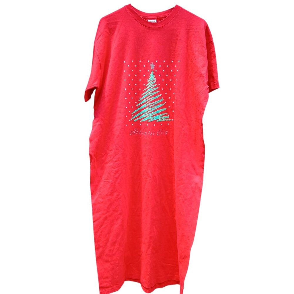 Anvil Womens One Size Sleep Shirt Dress Red Christmas Tree Atlantic City Vintage
